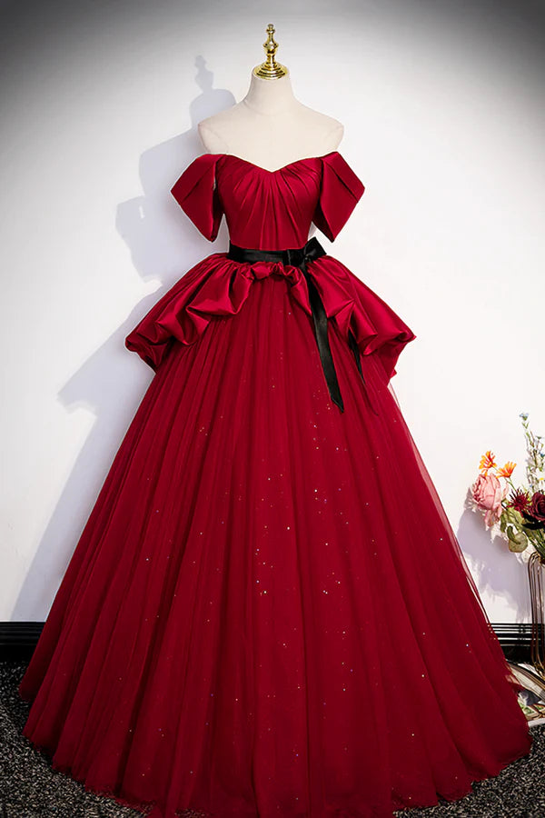Wholesale Burgundy Satin Tulle Long Prom Dress Off Shoulder Evening Dress